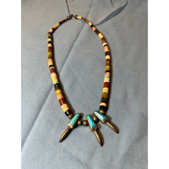 Navajo Eagle Claw Pipestone Turquoise Bench Bead Necklace 19” Vintage - Picture 1 of 5